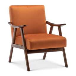 Velvet Armchair Mid Century Wooden Burnt Orange Accent Chair Vintage Brown Legs Art Deco Padded Seat - thumbnail 2