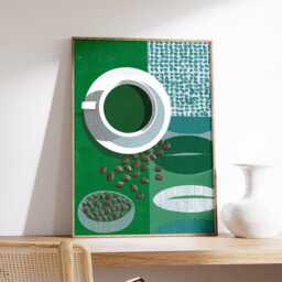 Modern Coffee Cup Abstract Poster, Green Geometric Wall Art, Mid Century Style Kitchen Decor, Retro Beans Print - thumbnail 2