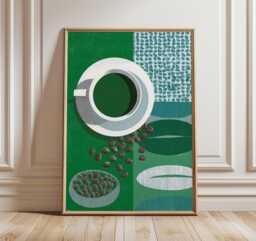 Modern Coffee Cup Abstract Poster, Green Geometric Wall Art, Mid Century Style Kitchen Decor, Retro Beans Print - thumbnail 1