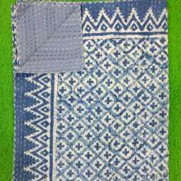 Indigo Paisley Print Indian Handblock Kantha Quilt, Bedspread Blanket Coverlet Perfect Bed Matching Bedcover Size Queen - thumbnail 2