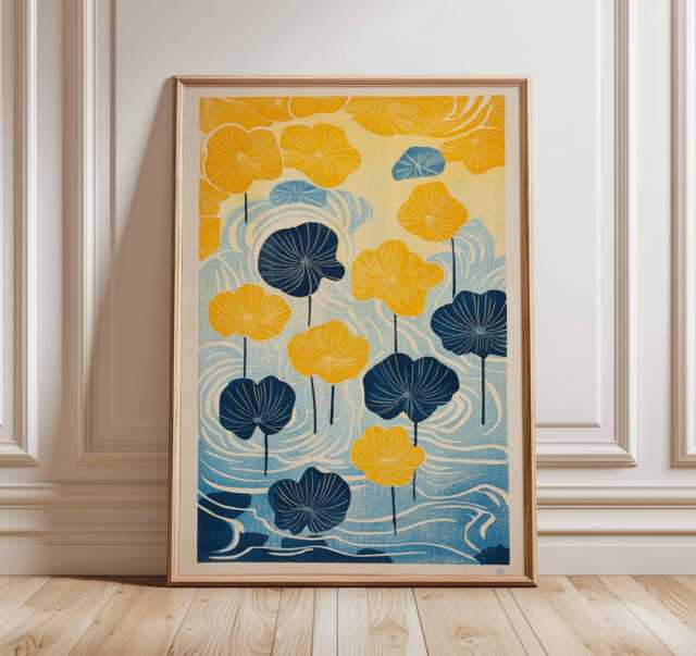 Lotus Flower Poster, Japanese Wall Art, Botanical Print, Water Lily Artwork, Yellow & Blue Floral Design, Zen Nature Inspired Home Decor - image 1