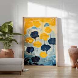 Lotus Flower Poster, Japanese Wall Art, Botanical Print, Water Lily Artwork, Yellow & Blue Floral Design, Zen Nature Inspired Home Decor - thumbnail 3