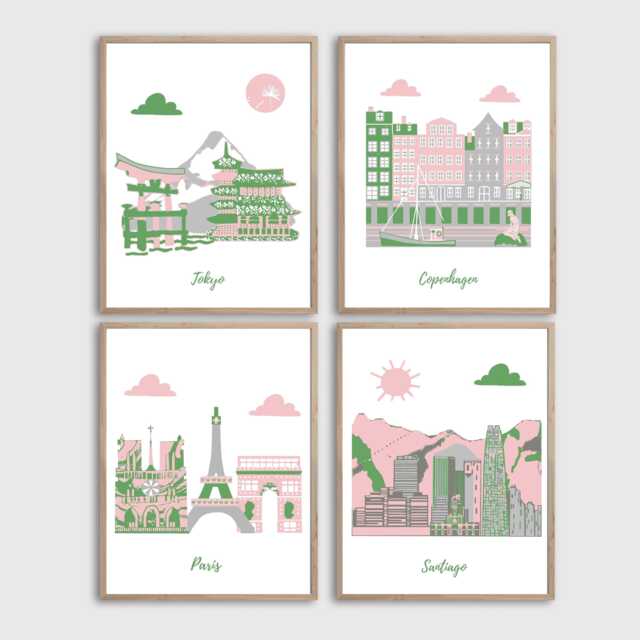 Travel Nursery Art Prints Pink, Gray & Green Cityscapes - Set Of 4 - image 1