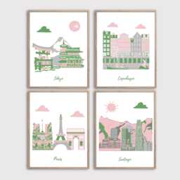 Travel Nursery Art Prints Pink, Gray & Green Cityscapes - Set Of 4 - thumbnail 1