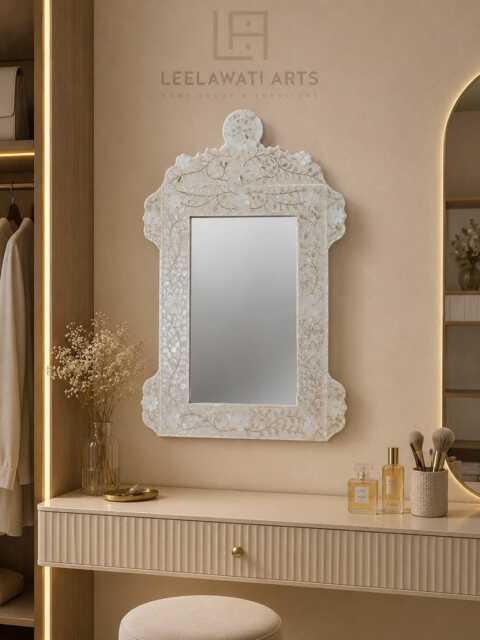 Mother Of Pearl Mirror Frame, Handmade Floral Wall Mirror, Boho Home Decor - image 1