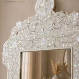 Mother Of Pearl Mirror Frame, Handmade Floral Wall Mirror, Boho Home Decor - thumbnail 3