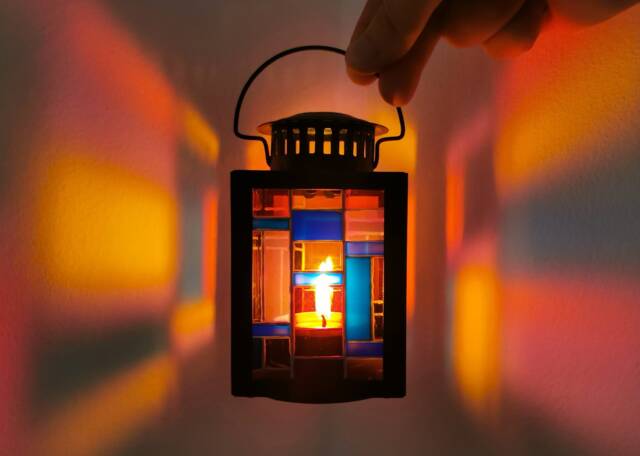Small Stained Glass Style Mosaic Tealight Lantern With Stand - Colourful & Hand Painted - image 1