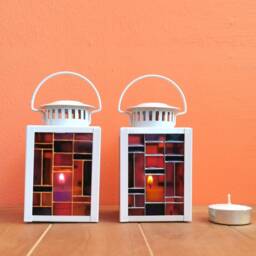 Small Stained Glass Style Mosaic Tealight Lantern With Stand - Colourful & Hand Painted - thumbnail 3