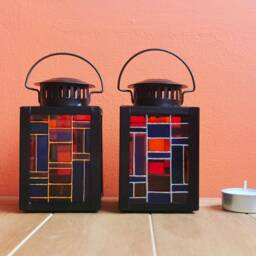 Small Stained Glass Style Mosaic Tealight Lantern With Stand - Colourful & Hand Painted - thumbnail 2