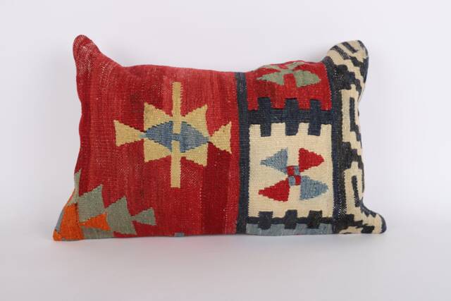 Handwoven Turkish Kilim Lumbar Pillow Bohemian Home Decor - 16x24 Inch - image 1