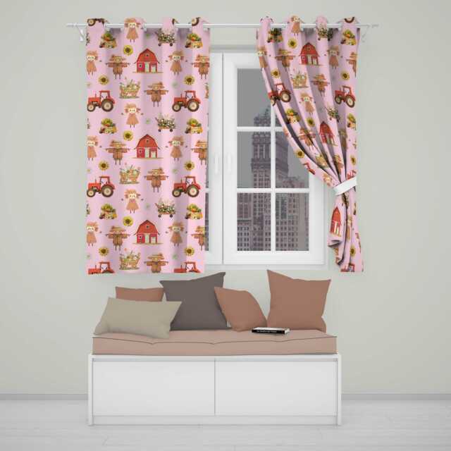 Cute Scarecrow Barn Sunflower Farm Pink Background Seamless Pattern Readymade Eyelet Ring Top Thermal 100% Blackout Curtains - image 1