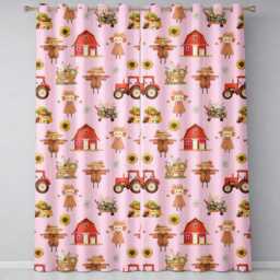 Cute Scarecrow Barn Sunflower Farm Pink Background Seamless Pattern Readymade Eyelet Ring Top Thermal 100% Blackout Curtains - thumbnail 2
