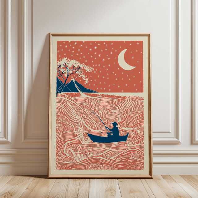 Moonlit Fisherman Poster - Red Japanese Style Wall Art Night River Landscape Illustration Print - image 1