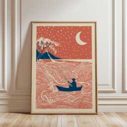Moonlit Fisherman Poster - Red Japanese Style Wall Art Night River Landscape Illustration Print - thumbnail 1