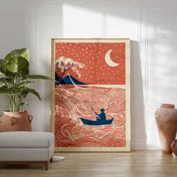 Moonlit Fisherman Poster - Red Japanese Style Wall Art Night River Landscape Illustration Print - thumbnail 3