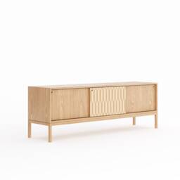 Mid Century Modern Oak Sideboard, Maple Inlay Sliding Doors, Brass Accents