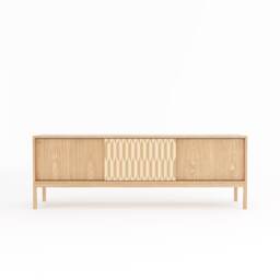 Mid Century Modern Oak Sideboard, Maple Inlay Sliding Doors, Brass Accents - thumbnail 2