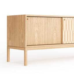 Mid Century Modern Oak Sideboard, Maple Inlay Sliding Doors, Brass Accents - thumbnail 3