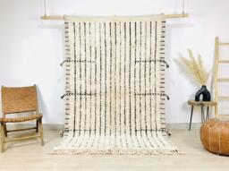 Ivory Black Striped Moroccan Rug, Berber Shag Area Hand Tufted Wool Carpet, Boho Minimalist Decor