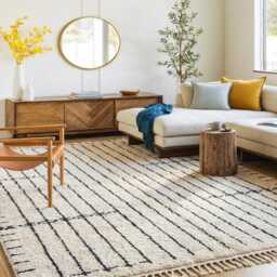 Ivory Black Striped Moroccan Rug, Berber Shag Area Hand Tufted Wool Carpet, Boho Minimalist Decor - thumbnail 3