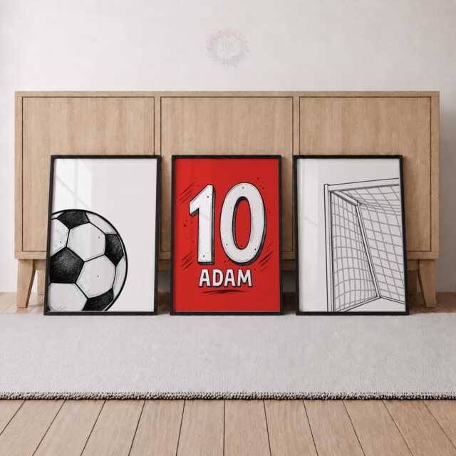 Personalised Football Print Set Of 3 - Boys Soccer Name & Number Poster, Bedroom Wall Art - image 1