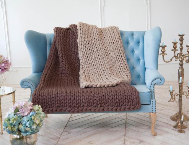 Wool Giant Blanket, Lap Gift For Her, Chunky Knit Throw, Blanket, Home, Afghan, Knitting - image 1
