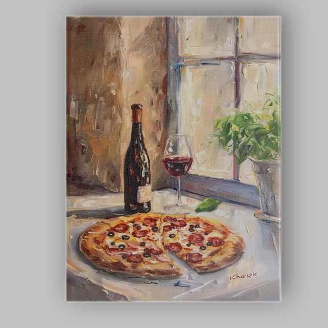 Rustic Italian Pizza & Red Wine Still Life Impressionist Kitchen Painting Canvas Wall Art Print Decor Picture Ready To Hang - image 1