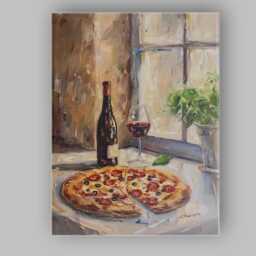 Rustic Italian Pizza & Red Wine Still Life Impressionist Kitchen Painting Canvas Wall Art Print Decor Picture Ready To Hang