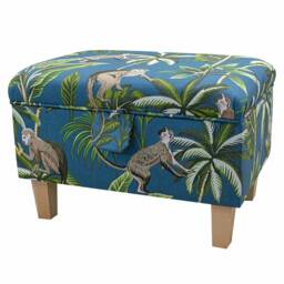 Handmade Monkey Teal Botanical Storage Ottoman - Tropical Animal Palm Tree Fabric Bespoke British Made