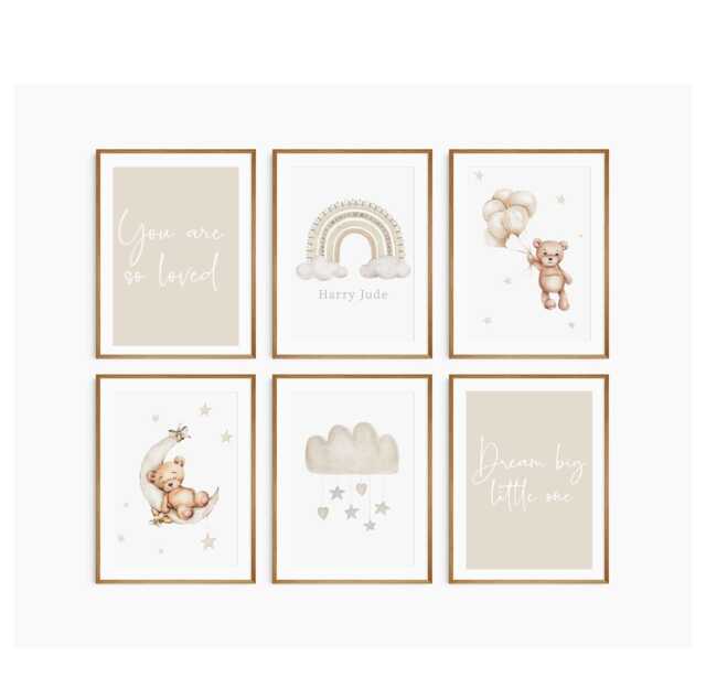 Neutral Teddy Gallery Wall Prints - Gender Nursery Beige Rainbow Set Of Six Art & Cloud - image 1