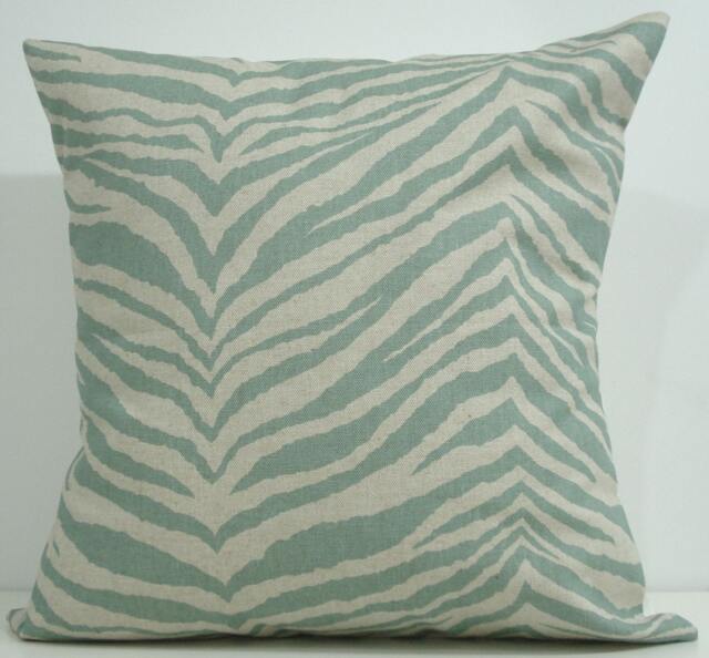 New 18x18 Inch Designer Handmade Pillow Case. Zebra Print in Eaton Blue & Linen Color Fabric - image 1