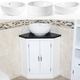 Bathroom Vanity Unit White Corner Wash Stand Black Quartz & Ceramic Basin 501Bpbqcbc