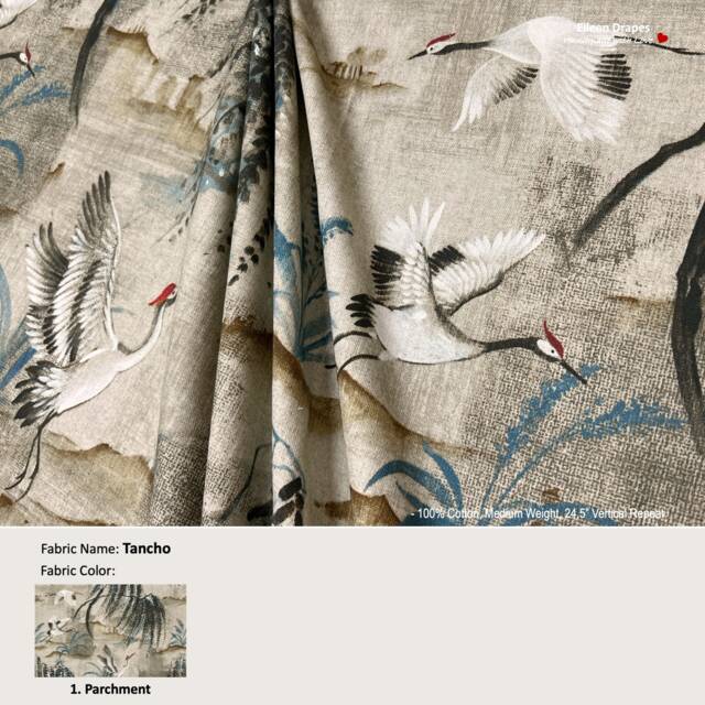 Tancho Color Parchment Asian Toile Hills Crane Bird Cream Beige Cotton Curtain, Valance Pleated, Lined Drapery Panel Offered As Upgrades - image 1