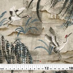 Tancho Color Parchment Asian Toile Hills Crane Bird Cream Beige Cotton Curtain, Valance Pleated, Lined Drapery Panel Offered As Upgrades - thumbnail 2