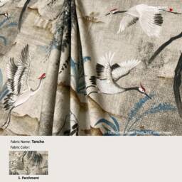 Tancho Color Parchment Asian Toile Hills Crane Bird Cream Beige Cotton Curtain, Valance Pleated, Lined Drapery Panel Offered As Upgrades
