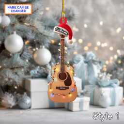 Musical Guitar Acrylic 2D Flat Christmas Ornament, Festive Tree Hanging Holiday Decoration, Unique Guitar Musical Gift - thumbnail 2