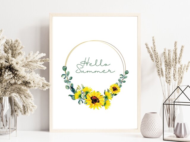 Hello Summer Sunflower Wreath Print, Floral Home Decor, Hallway Prints, Living Room Wall Art - image 1
