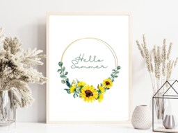 Hello Summer Sunflower Wreath Print, Floral Home Decor, Hallway Prints, Living Room Wall Art - thumbnail 1
