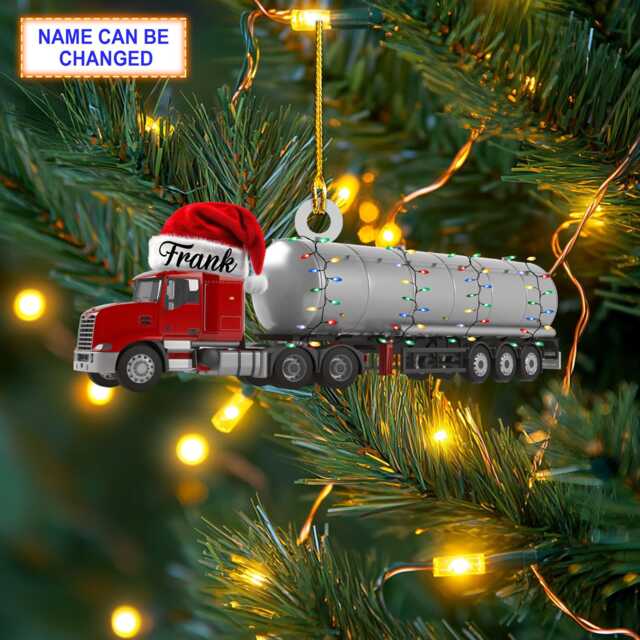 Custom Name Oil Tanker Truck With Santa Hat & Christmas Lights Ornament, Tree Hanging Decor, Ornament, Flat 2D Ornament - image 1