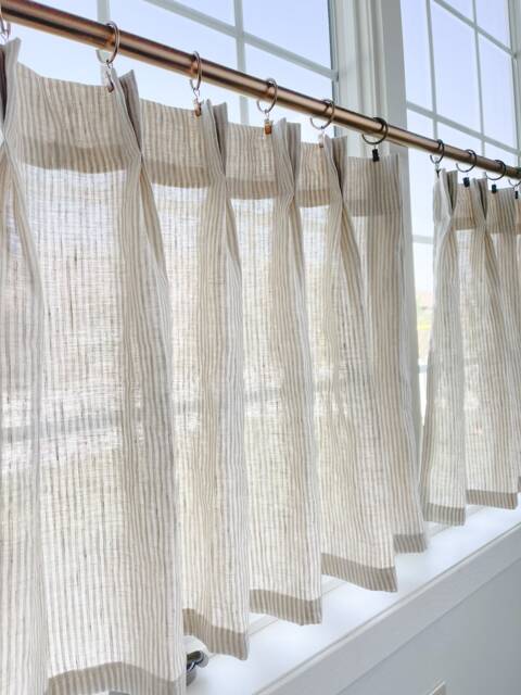 This Fresh Linen Has A Lightweight Weave With An Airy Drape & Fine Slub Texture. Vertical Striped Pleated Cafe Curtain Summer Feel - image 1