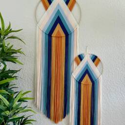 Blue Orange & Teal Yarn Wall Hanging, Retro Art, Boho Macrame Tapestry, 1970's Decor, 70's Handmade Hangings - thumbnail 4