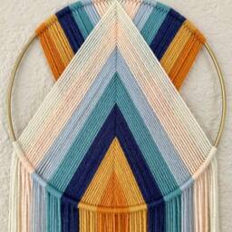 Blue Orange & Teal Yarn Wall Hanging, Retro Art, Boho Macrame Tapestry, 1970's Decor, 70's Handmade Hangings - thumbnail 2