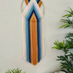 Blue Orange & Teal Yarn Wall Hanging, Retro Art, Boho Macrame Tapestry, 1970's Decor, 70's Handmade Hangings - thumbnail 3