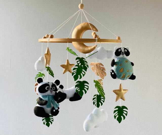 Baby Mobile Boy, Pandas Baby Mobile, Ceiling Felt Nursery , Crib Girl, Tropical Newborn Shower Gift - image 1