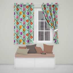 Elegant Tulip Floral Seamless Pattern Teal Background Readymade Eyelet Ring Top Thermal 100% Blackout Curtains - thumbnail 1