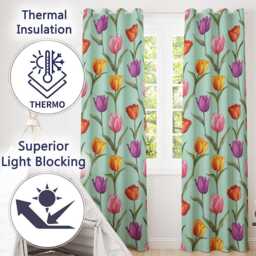 Elegant Tulip Floral Seamless Pattern Teal Background Readymade Eyelet Ring Top Thermal 100% Blackout Curtains - thumbnail 3