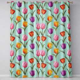 Elegant Tulip Floral Seamless Pattern Teal Background Readymade Eyelet Ring Top Thermal 100% Blackout Curtains - thumbnail 2