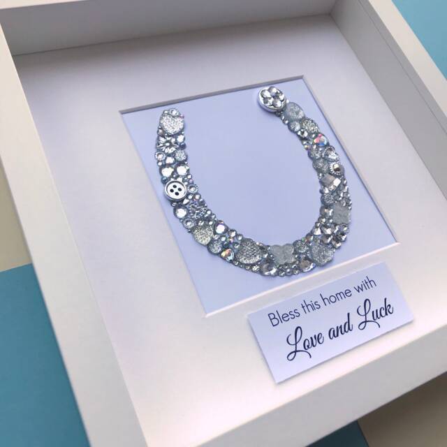 Lucky Horseshoe Framed Button Art, Personalised Housewarming Gift Idea, Bless This House With Love & Luck, Silver Wall - image 1