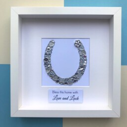 Lucky Horseshoe Framed Button Art, Personalised Housewarming Gift Idea, Bless This House With Love & Luck, Silver Wall - thumbnail 3