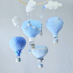 Baby Blue Hot Air Balloon Mobile, Clouds Nursery Decor - thumbnail 1